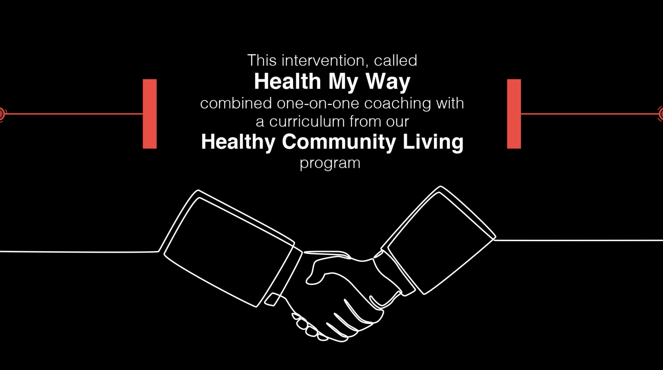 Screen shot of video image. Text: This intervention, called Health my Way combined one-on-one coaching with a curriculum from our Healthy Community Living program. 