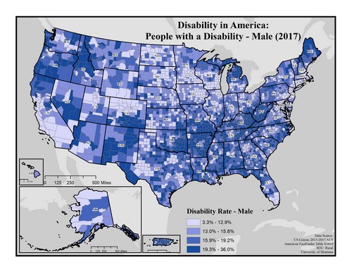 US map showing male disability rate by county. Text description on page.
