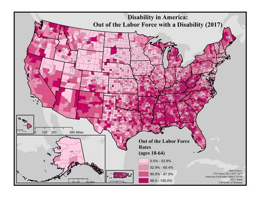 US map showing rates of people with disability out of labor force. Text description on page.