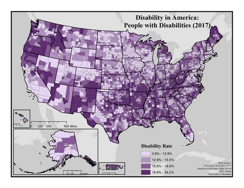 Map of US showing disability rate by county. Text description on page.