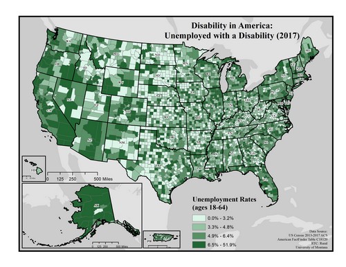 US map showing rates of people with disability unemployed. Text description on page.