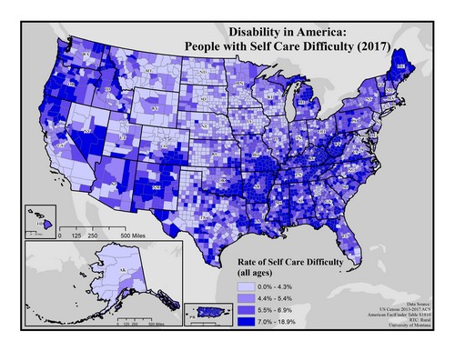 US map showing rates of self-care difficulty. Text description on page.