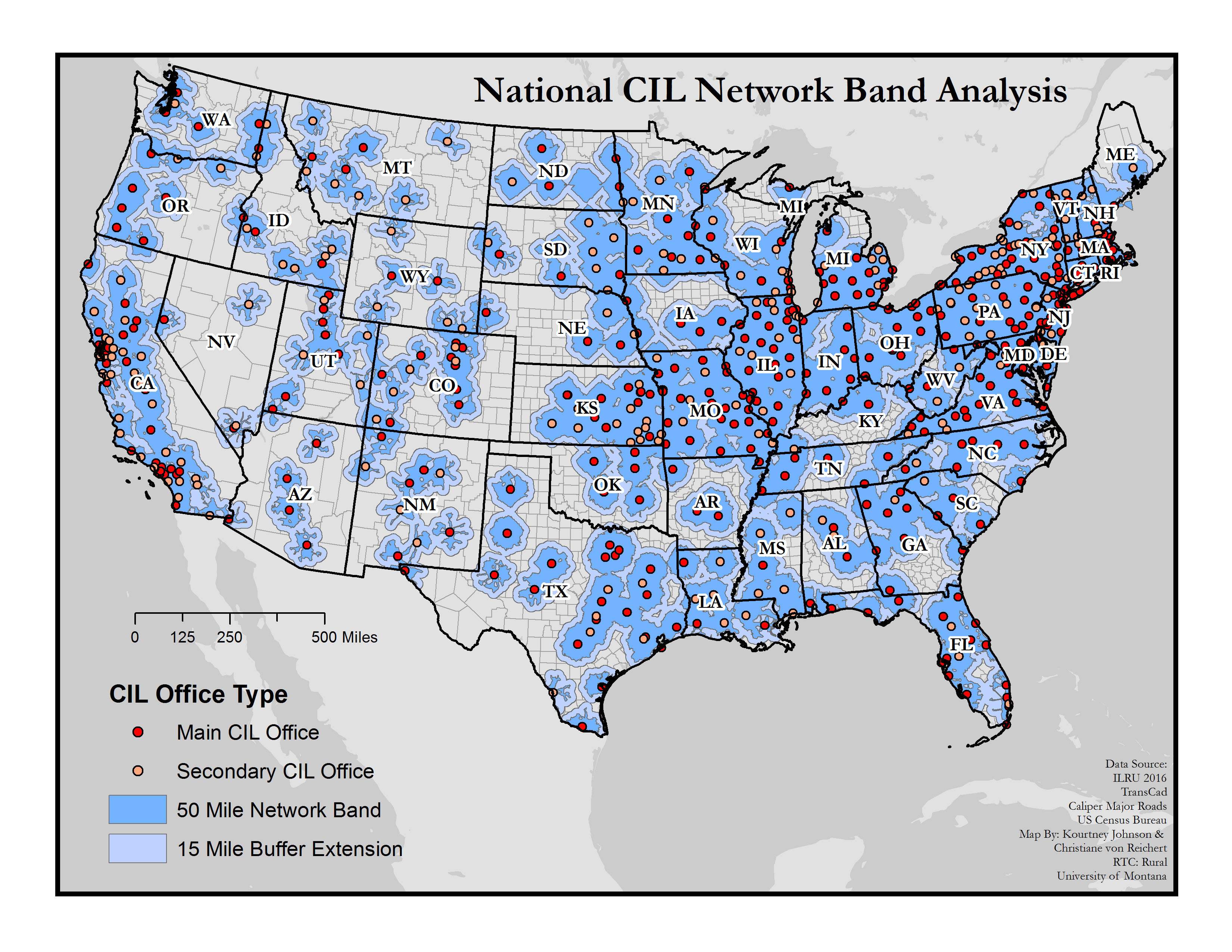 Map of US with Main and Secondary CILs marked, with blue network bands surrounding them.
