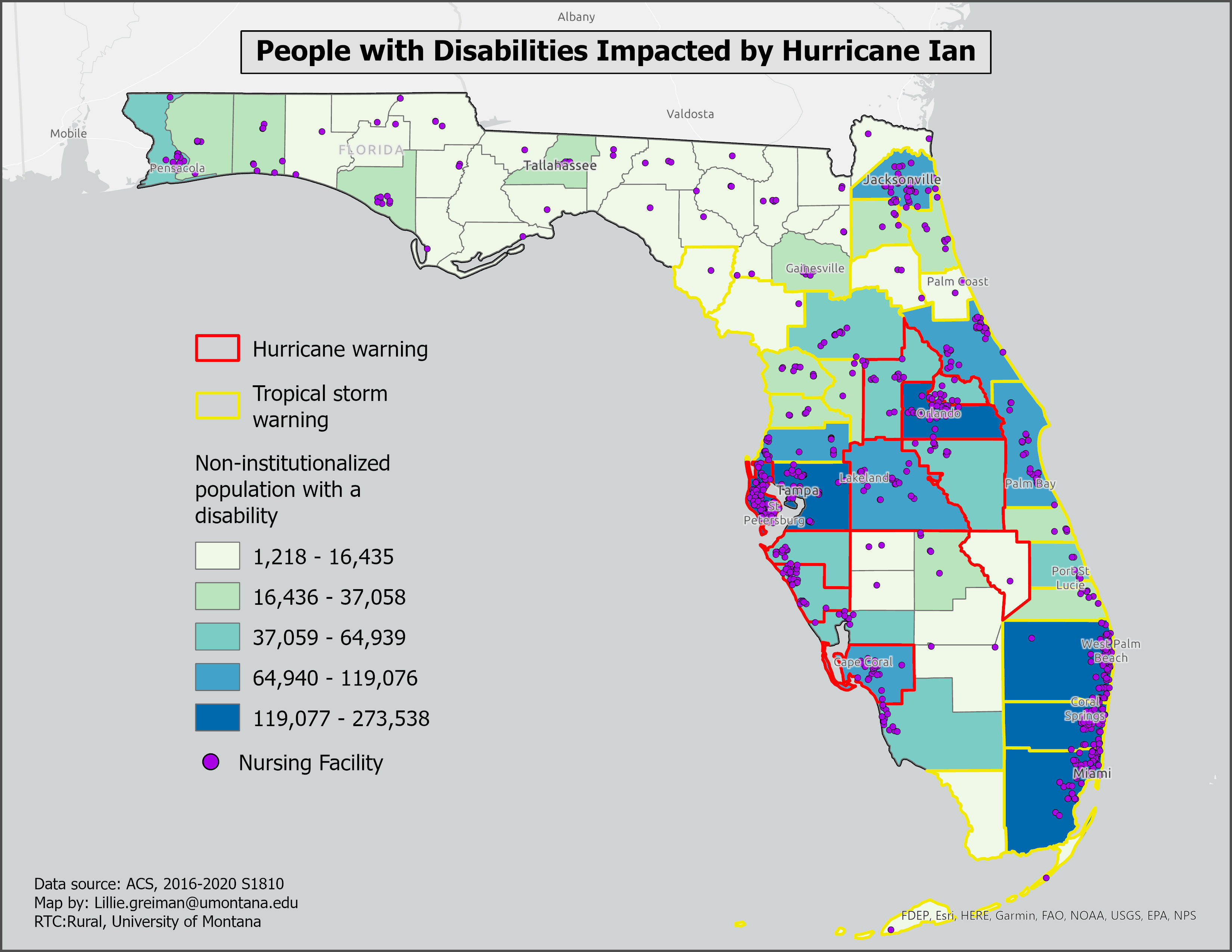 People with Disabilities Impacted by Hurricane Ian map showing population by county and locations of nursing facilities across the state. Tampa, Orlando, and the South-East corner are all highest population with between 119 thousand and 274 thousand people with disabilities in each county