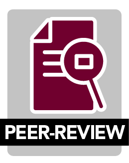 Peer-review. Icon of page with magnifying glass. 