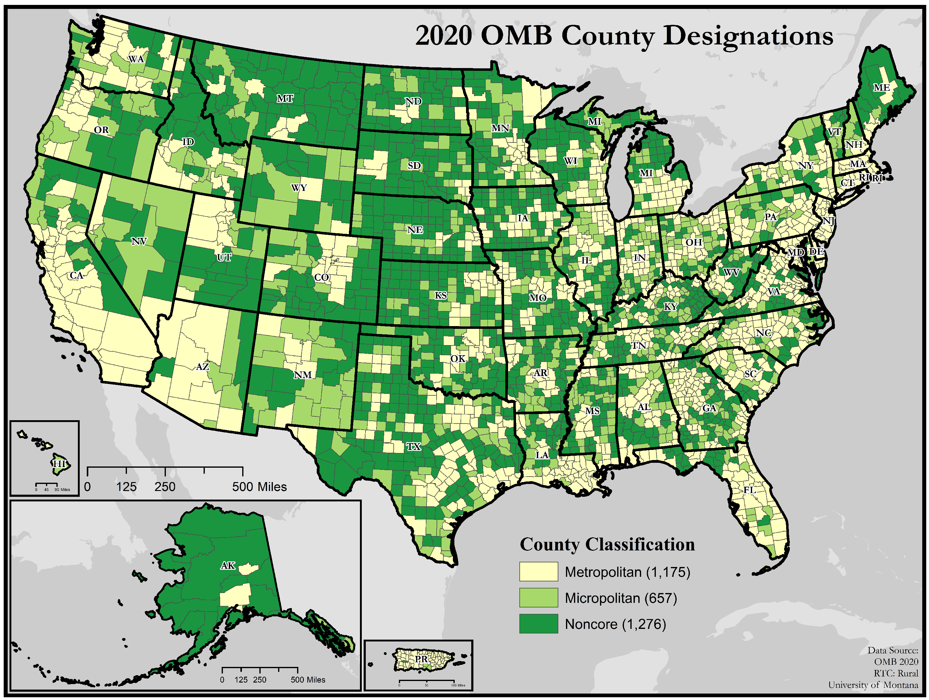 Map of 2020 OMB county designations - 1,175 metro counties; 650 micropolitan counties; 1,276 noncore counties.