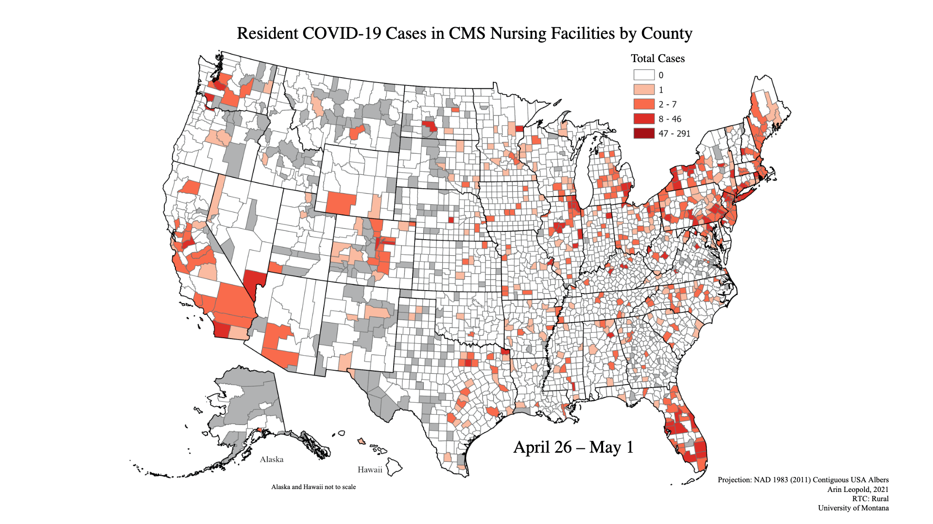 Animated graphic showing growth of COVID-19 cases in CMS nursing facilities over a 14-week period. Clusters of counties on May 2 have outbreaks of up to 46 cases. By August 8 it's up to levels of 291 cases, with much more of the country in with outbreak regions