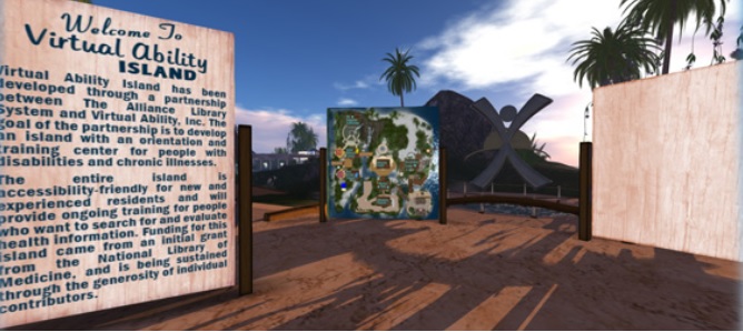 Screenshot of Virtual Ability Island with a wall of text on a sign that reads 'Welcome to Virtual Ability Island,' a map of the island on a dirt path, a palm tree and buildings and a mountain in the background