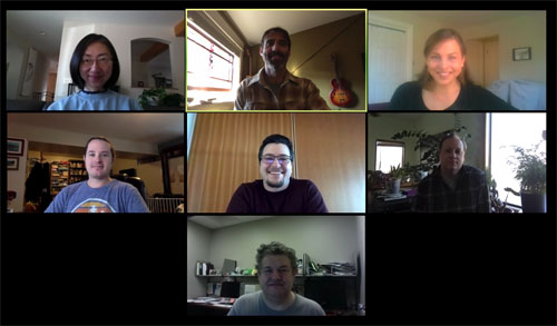 Top row, left to right: Qin Yu (Research assistant), Brent Ryckman (PI), Cora Stegmann (Postdoctoral Fellow). Middle row, left to right: Eric Schultz (Postdoctoral Fellow), Lars Ponsness (undergraduate student), Chris Peterson (graduate student). Bottom; Jean Marc Lanchy (Research assistant professor)