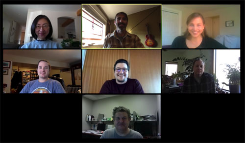 Top row, left to right:  Qin Yu (Research assistant), Brent Ryckman (PI), Cora Stegmann (Postdoctoral Fellow). Middle row, left to right: Eric Schultz (Postdoctoral Fellow), Lars Ponsness (undergraduate student), Chris Peterson (graduate student).  Bottom; Jean Marc Lanchy (Research assistant professor)