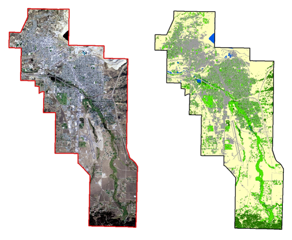 Side-by-side maps of the same region: a satellite image outlined in red on the left and a green land-cover/vegetation map on the right.