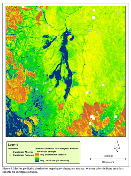 Color-coded map showing predicted suitability for cheatgrass absence across a region, with legend, north arrow, and scale bar.