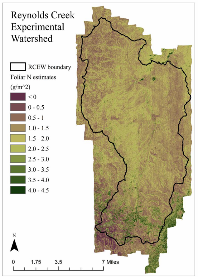 Sagebrush Foliar Nitrogen mapped for the Reynolds Creek Experimental Watershed in Idaho.