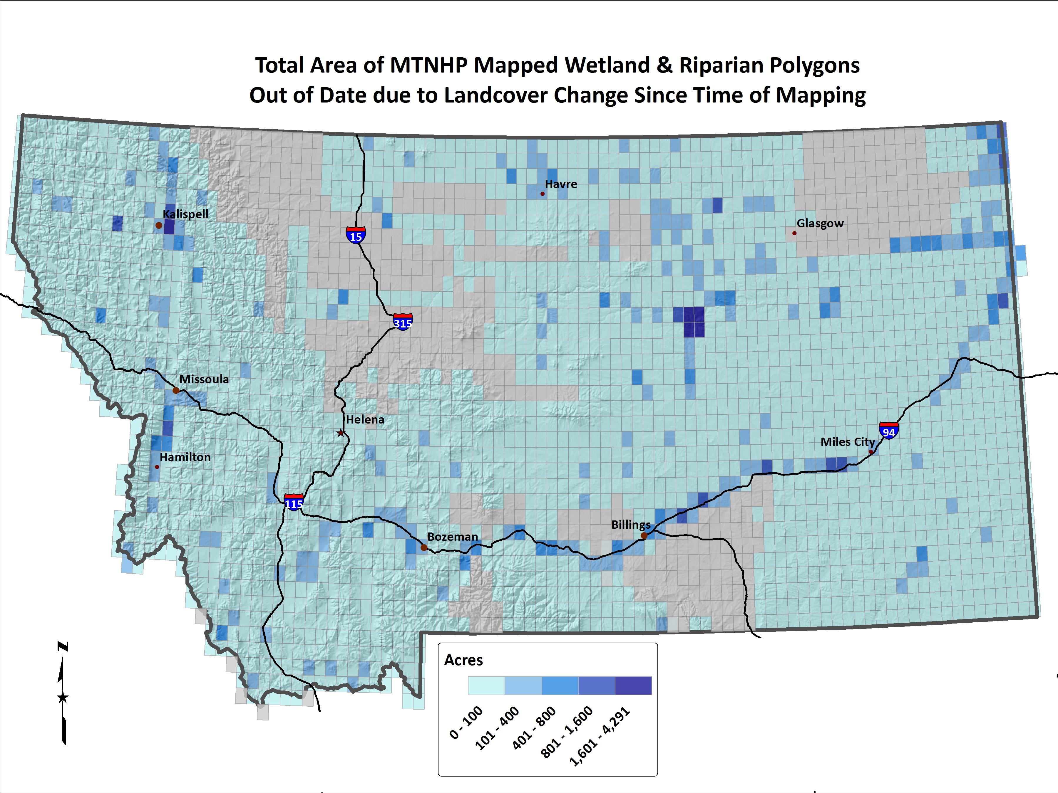 Map of Montana showing the total area of MTNHP mapped wetland and riparian polygons that are out of date due to landcover change, shaded by acres.