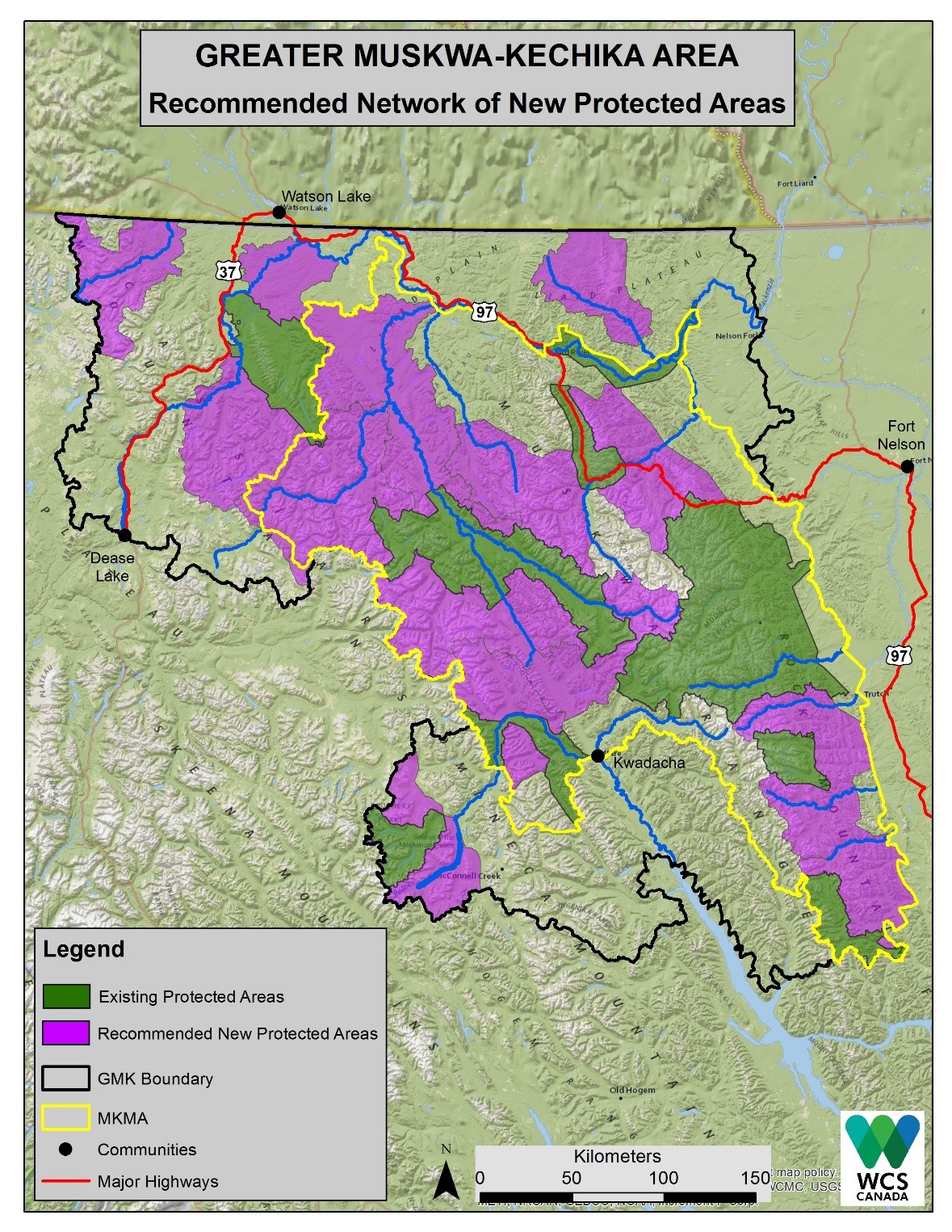 Map of the Greater Muskwa-Kechika showing existing protected areas and recommendations for new protected areas.