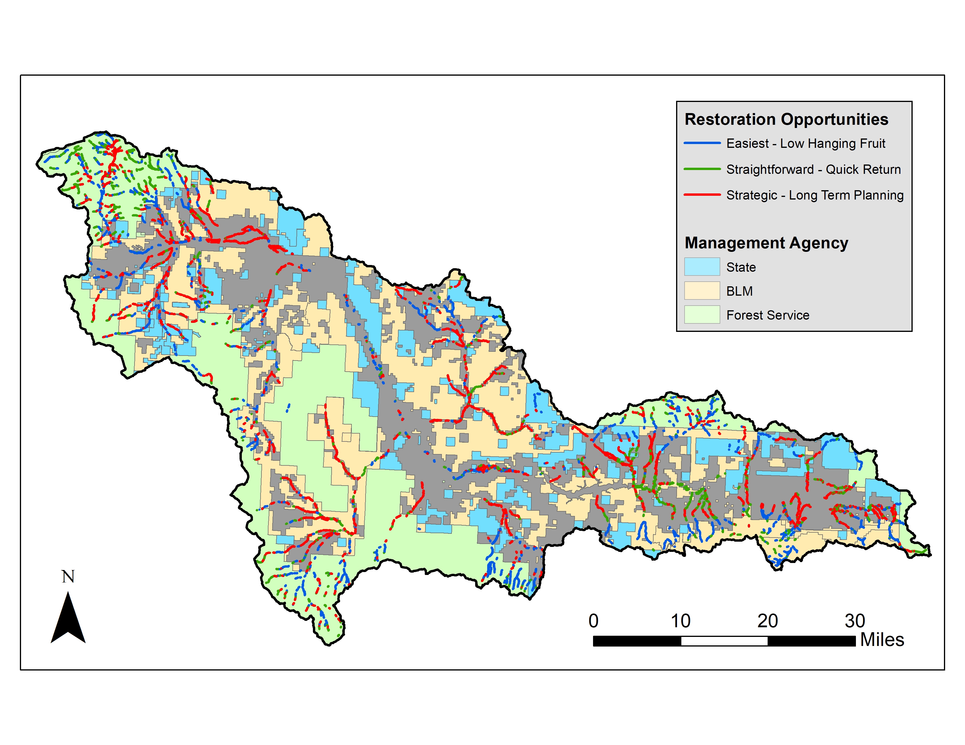 Example of BRAT output: restoration opportunities for the Red Rock River 8-digit HUC watershed in southwestern Montana.