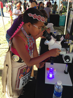 1 girl at the Arlee Pow wow viewing glowing or fluorescing fruit flies under the microscope.