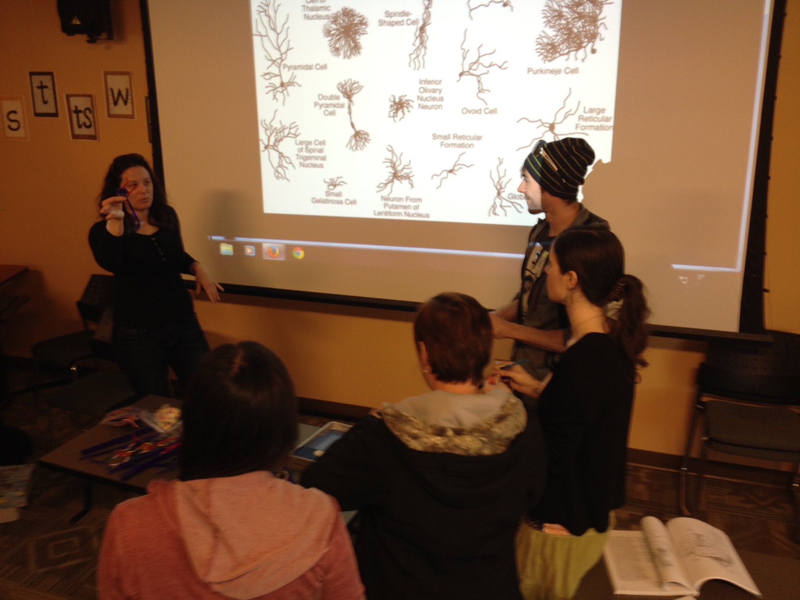Dr. Amanda Duley and Trio students examining our brain collection in a UM classroom.