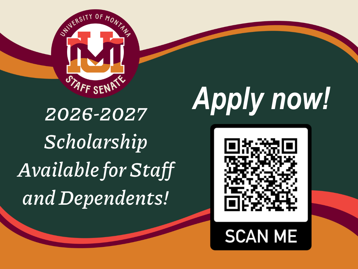 2026-2027 Scholarship Available for Staff and Dependents - Apply now! with Staff Senate logo and QR code.