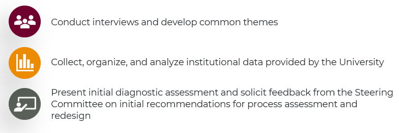 Conduct interviews and develop common themes; collect, organize, and analyze institutional data provided by the University; present initial diagnostic assessment and solicit feedback from the Steering Committee on initial recommendations for process assessment and redesign.