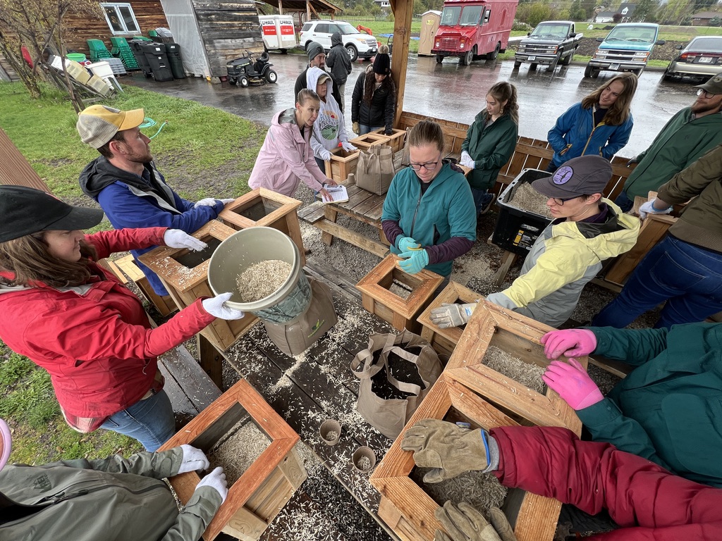 group of people working together to fill garden boxes