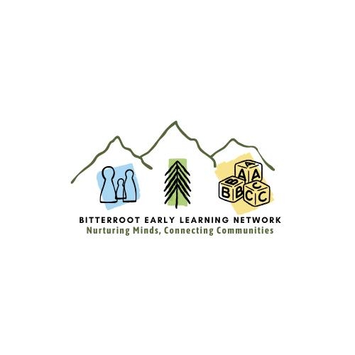Logo for the Bitterroot Early Learning Network, featuring mountains, a tree, and playful icons representing early childhood education