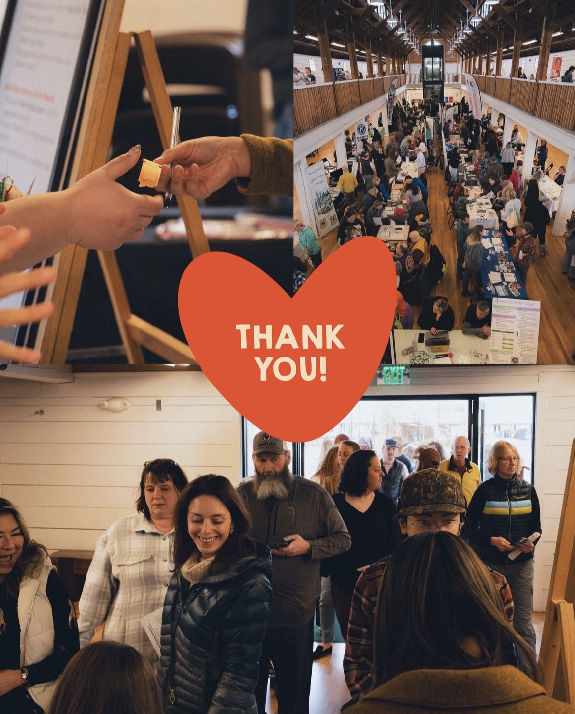 Three collaged images featuring two hands exchanging a small round item, a photo of a large room filled with people and booths, and a crowd of people walking through a set of doors. A red heart with the words "Thank You" is in the center of the image. 