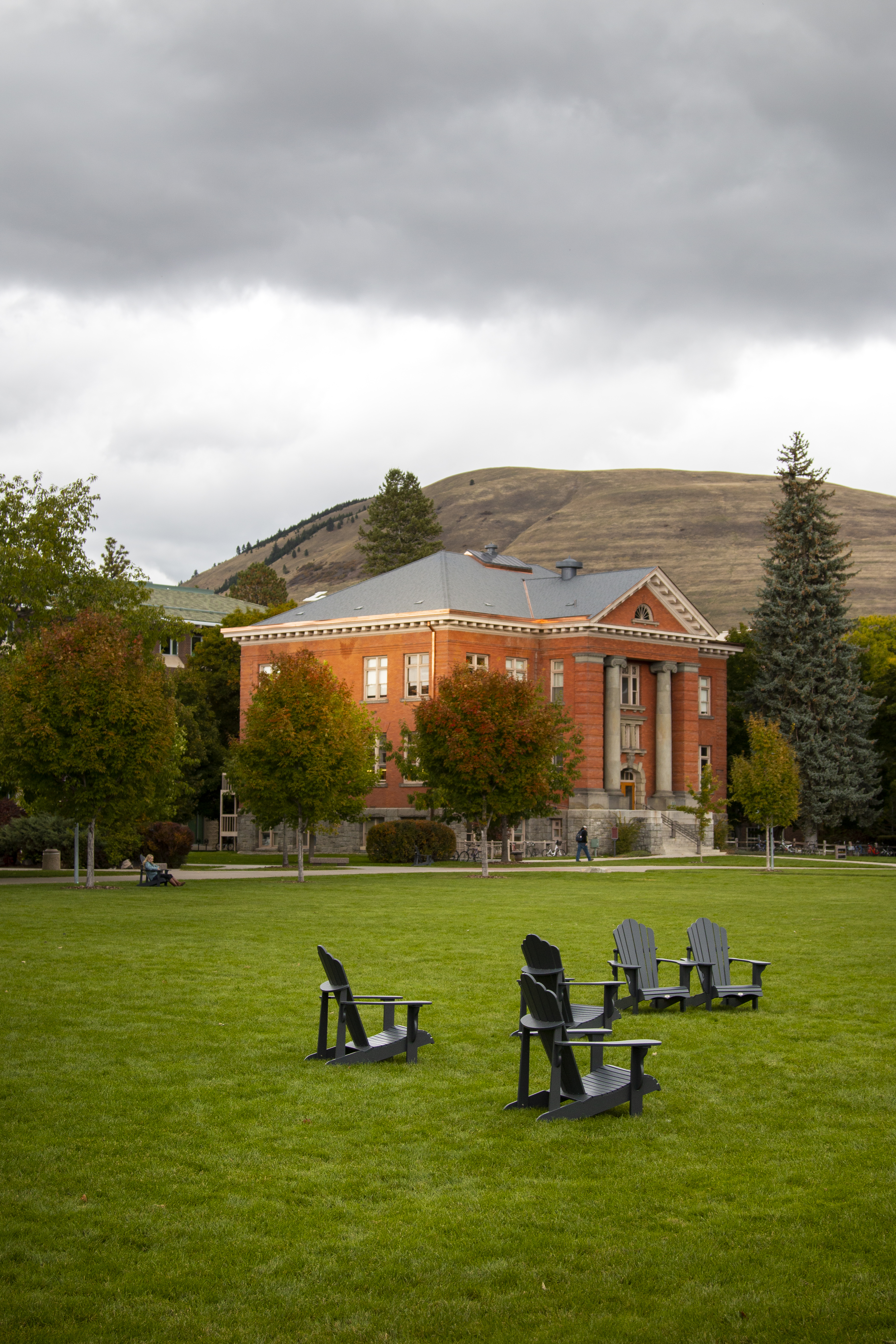 shot from across the oval, rankin hall sits in the sunlight