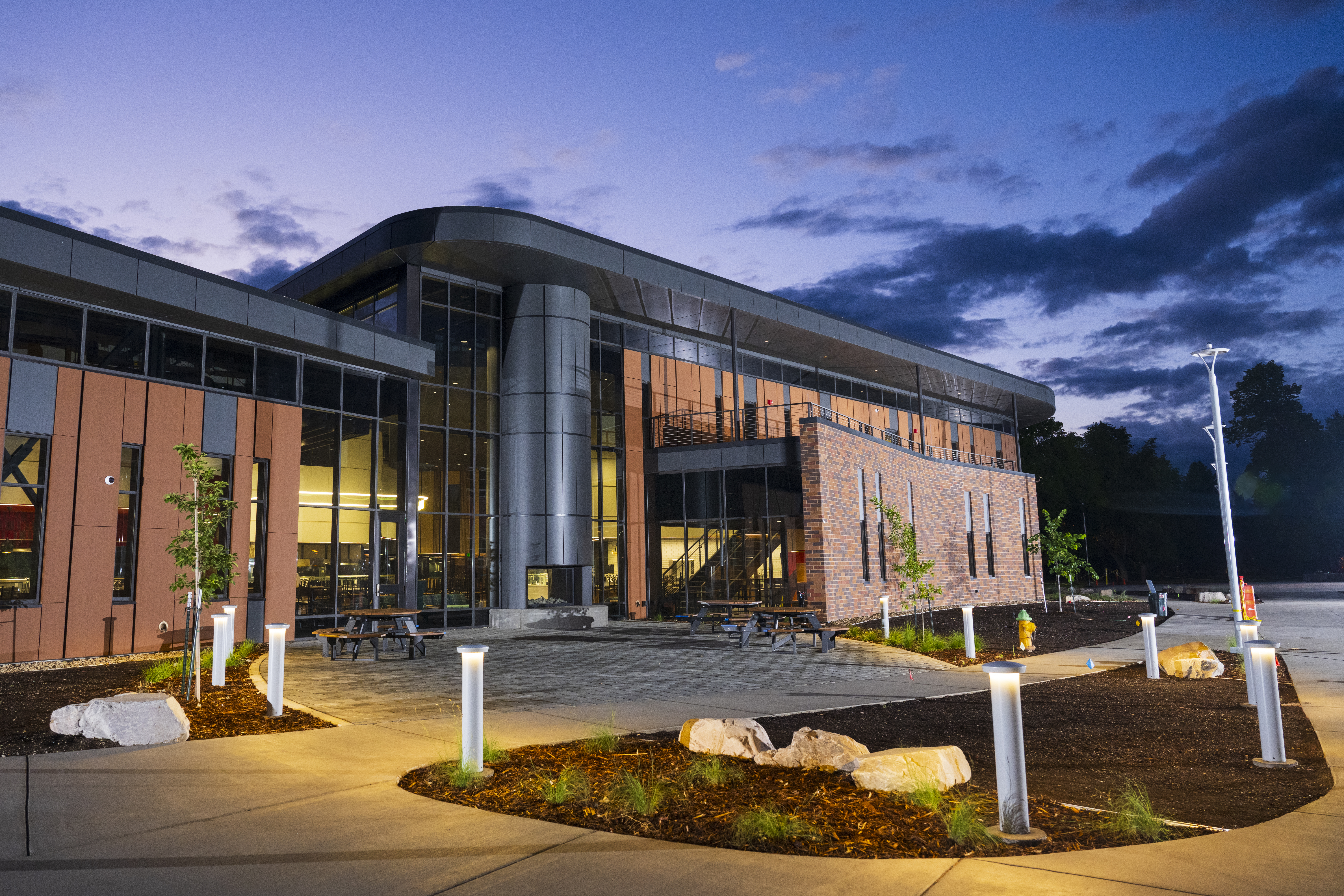 the lodge dining center highlighted by the rising sun