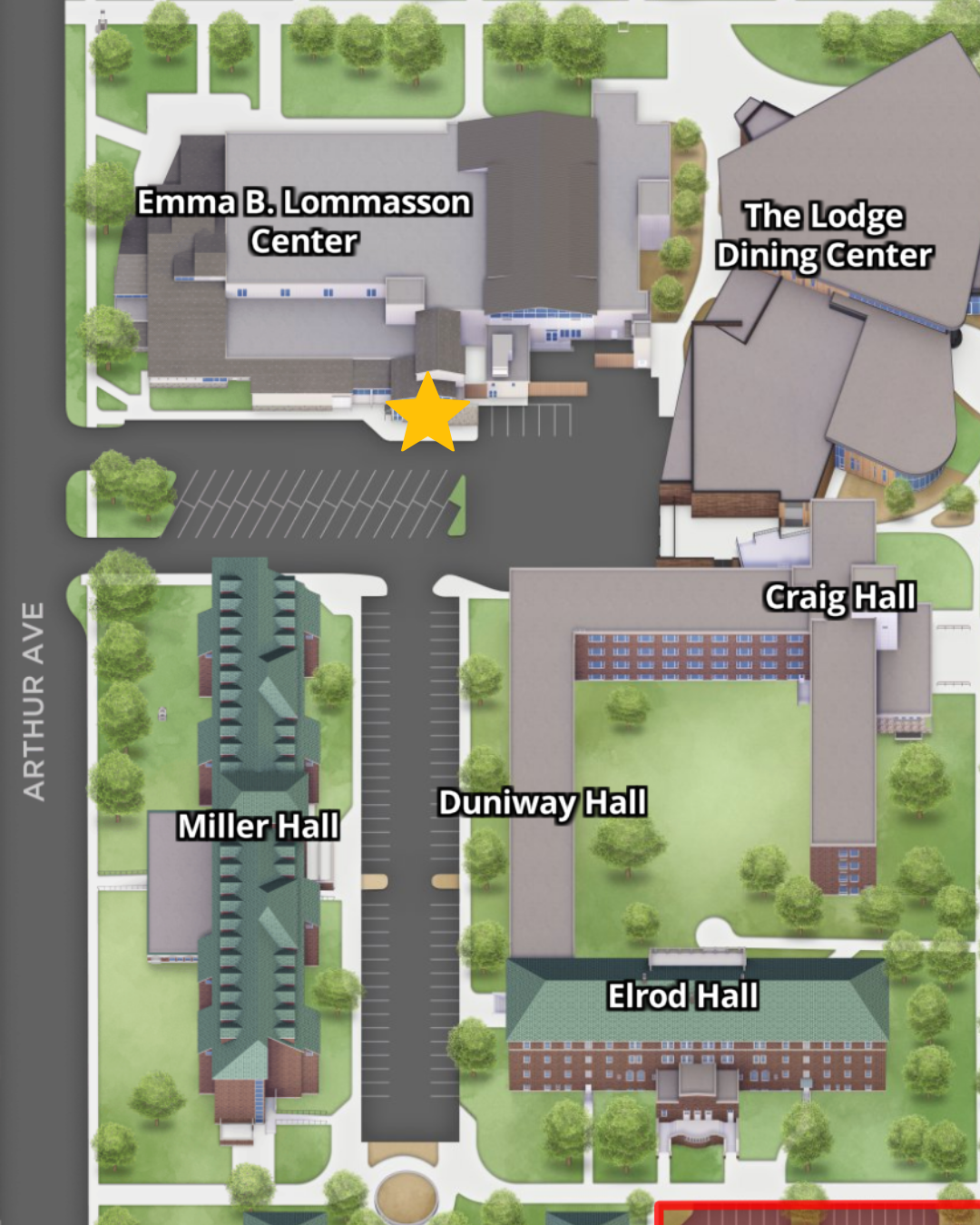 Labeled campus map showing the Emma B. Lommasson Center, The Lodge Dining Center, Craig Hall, Duniway Hall, Elrod Hall, and Miller Hall, with a yellow star marking a location near the center.