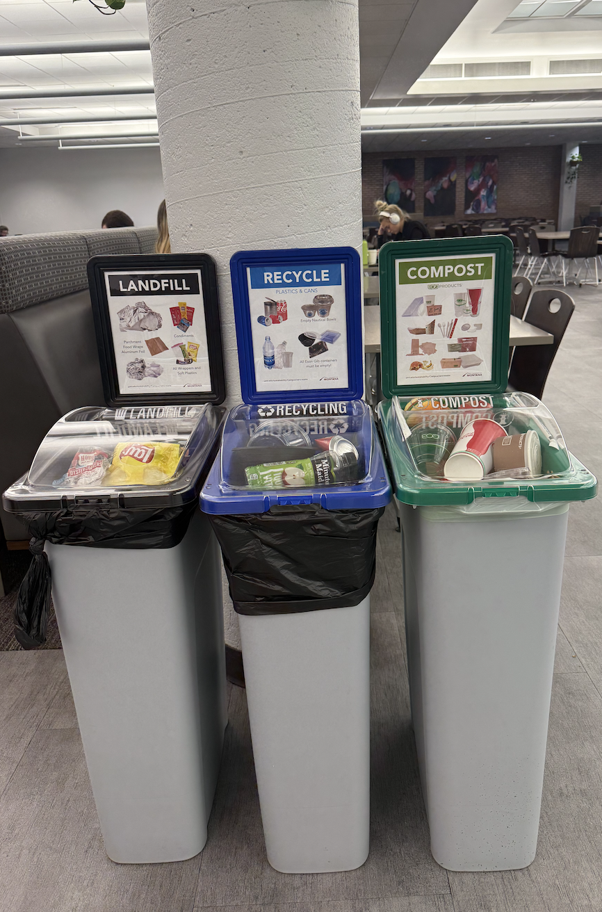 shadow boxes on waste bins in UC commons showing students how to sort