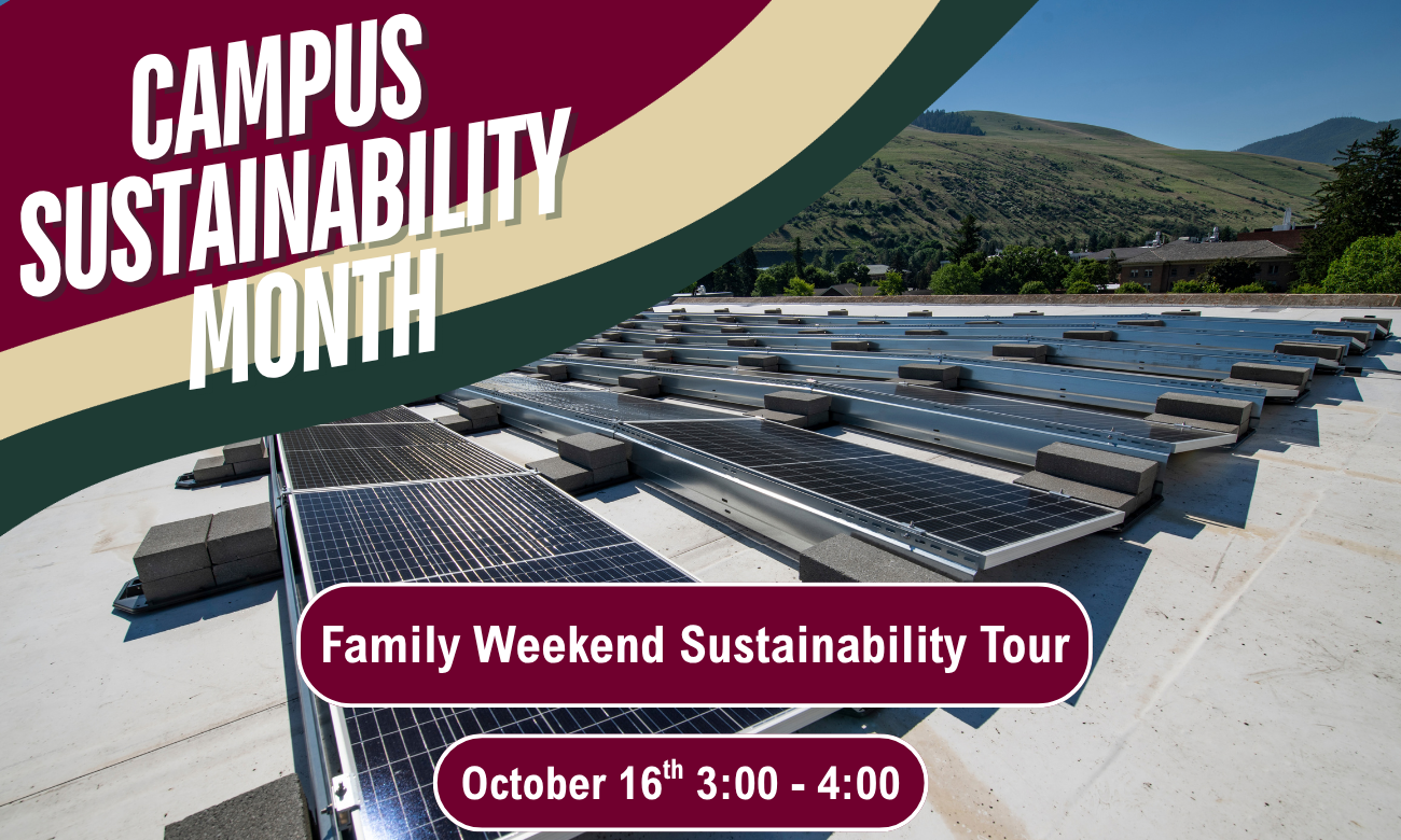 Promotional graphic for Campus Sustainability Month featuring rooftop solar panels with hills in the background and text advertising a Family Weekend Sustainability Tour on October 16th from 3:00–4:00
