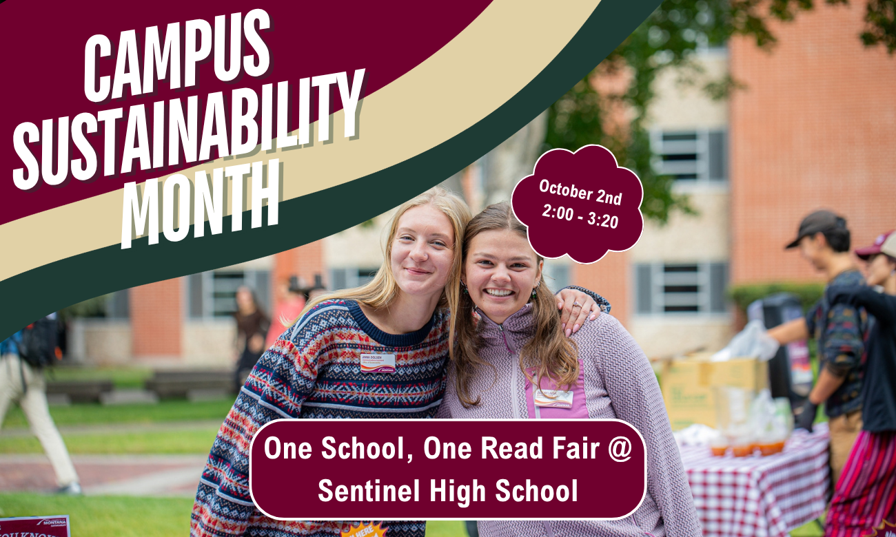 Flyer for Campus Sustainability Month showing two smiling students with arms around each other outdoors, with event details: One School, One Read Fair at Sentinel High School on October 2nd from 2:00–