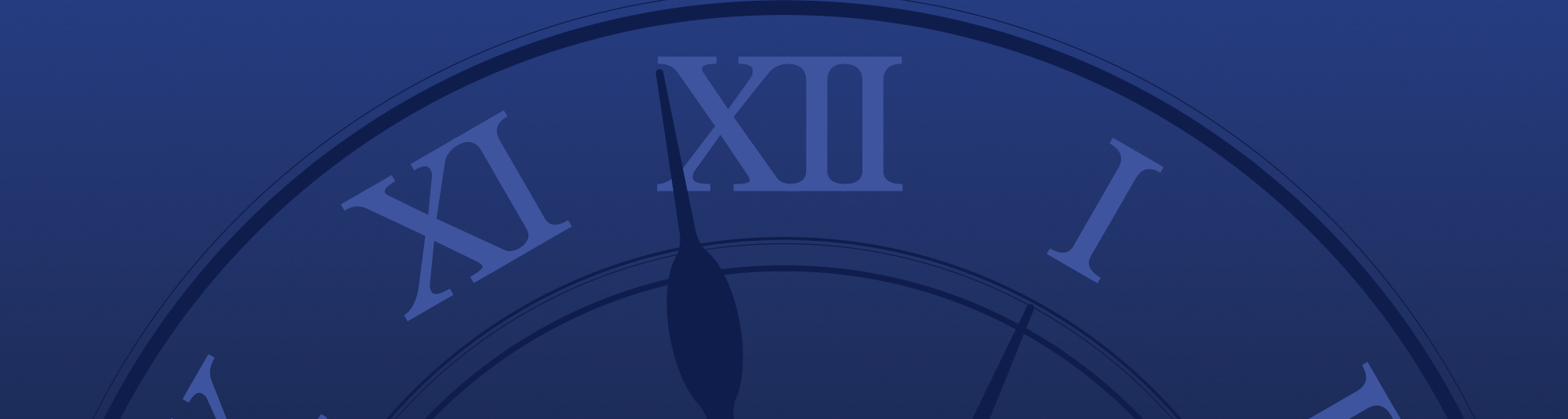 A large blue clock, nearly striking one o'clock.