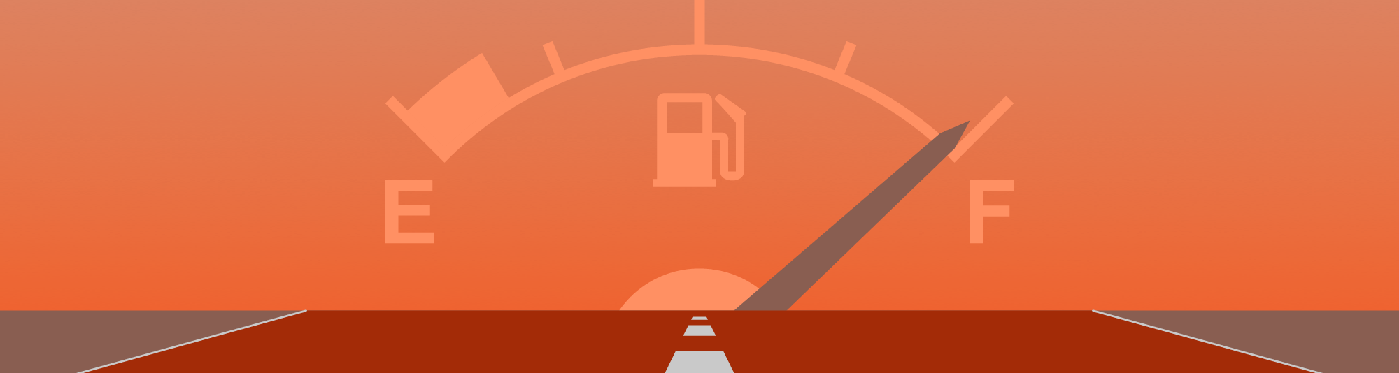A car fuel gauge, hovering in the horizon over an open road.