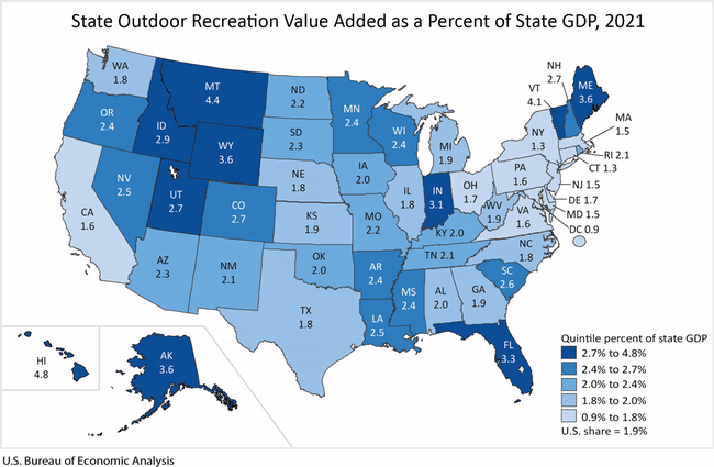US BEA map showing states' Outdoor Recreation percentage of GDP