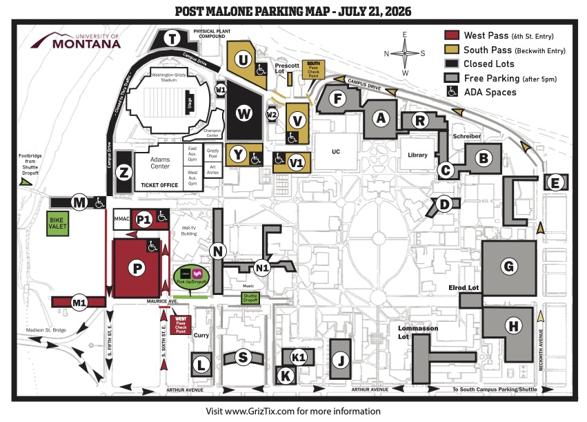 a balck and white map of UM campus with available lots highlighted in color