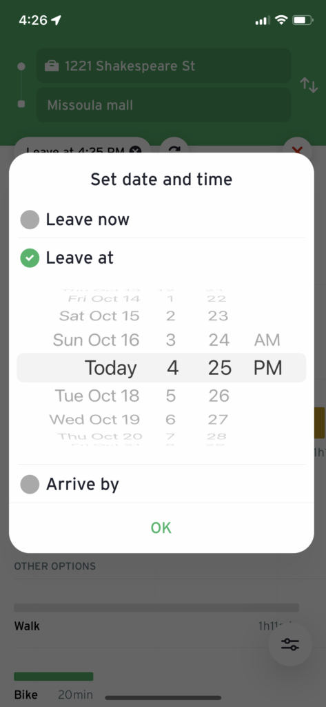 screenshot of transit app, once you click "leave now" you can choose a time to leave