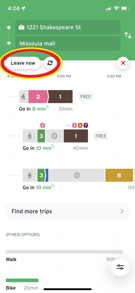 screenshot of transit app home page with "leave now" button circled