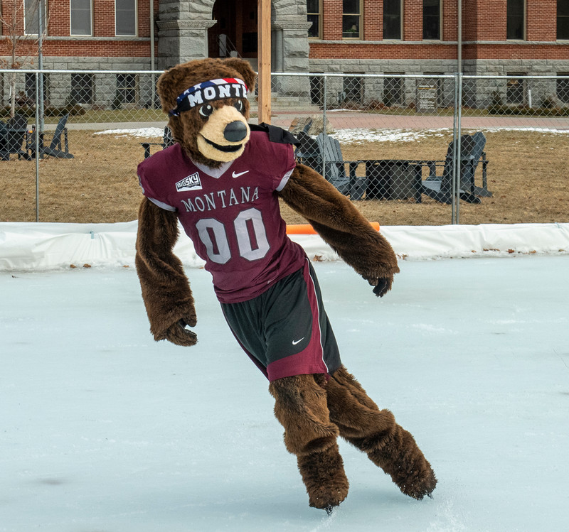 UM mascot Monte iceskating