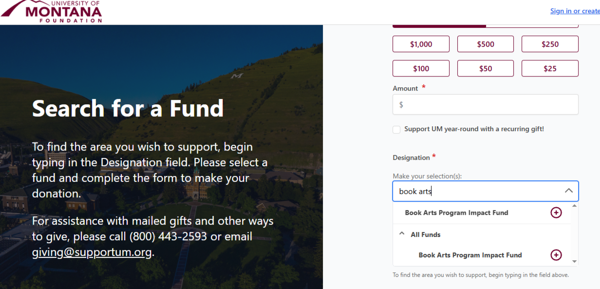 A screenshot of how to donate on the UM Foundation website.