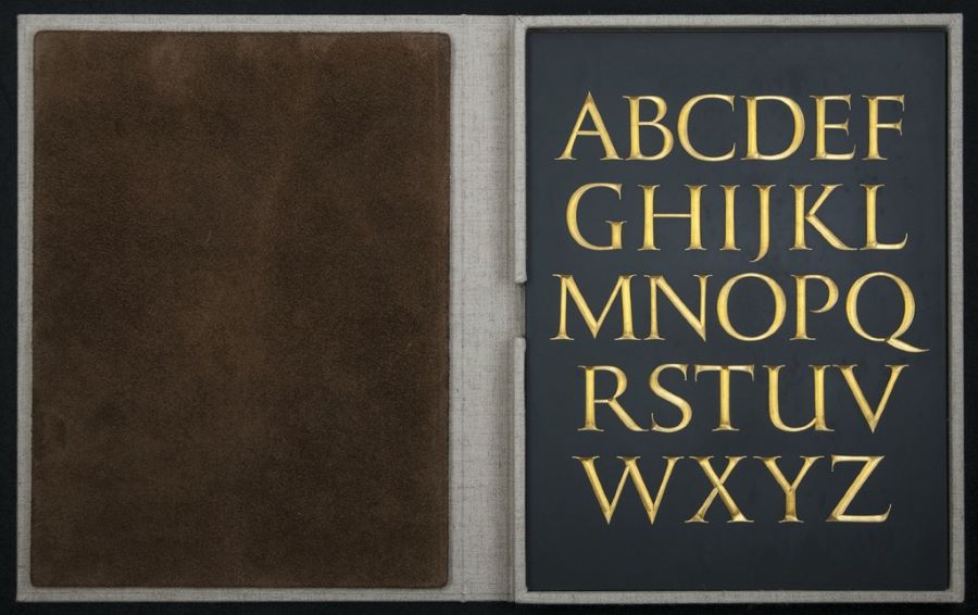 A display of gilded stone carved text.