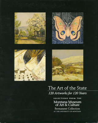 Book cover with four pieces of art: a painting of a cabin in fall by a dirt road, an abstract depiction of a butterfly, a painting of 3 teepees, and a painting of a small prairie town covered in snow.