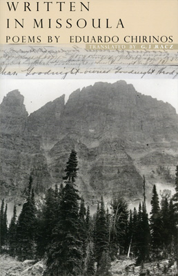 book cover with scribbled handwriting and a photo of a rocky mountain and nearby pines