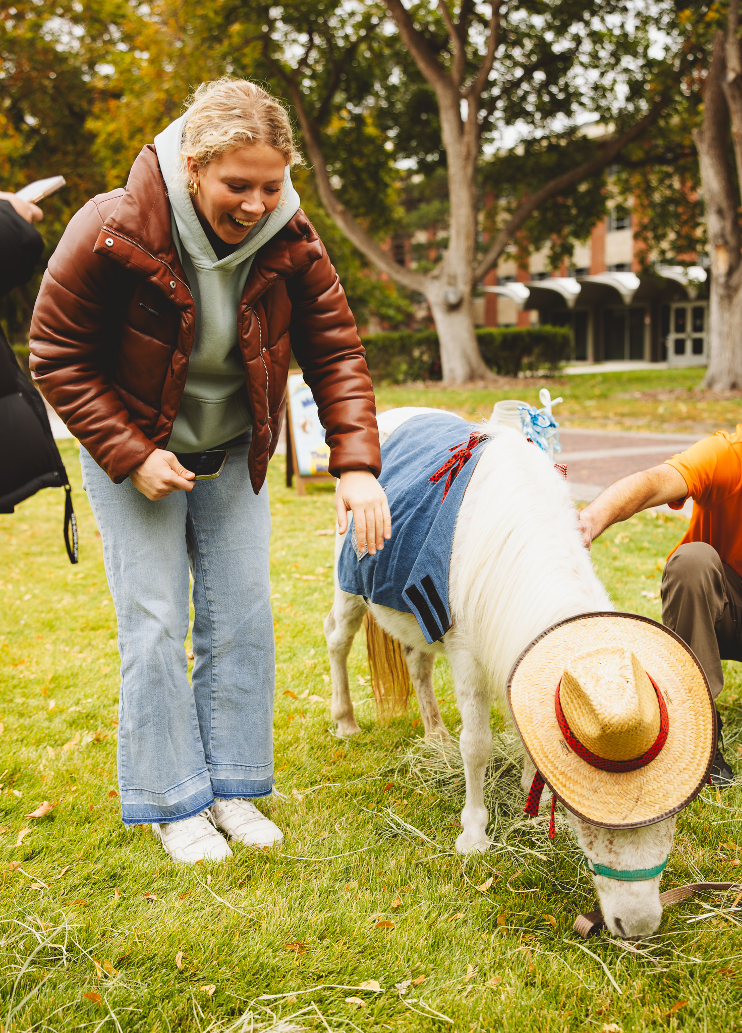 Girl petting a Donkey wearing a hat