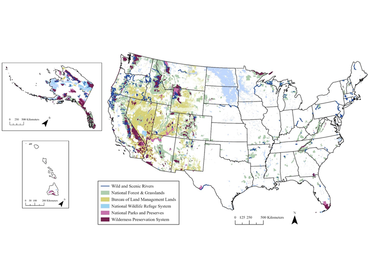 Map of federally designated protected areas in the United States relevant to freshwater biodiversity, with colors indicating different federal land designations.