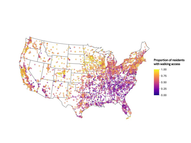 U.S. map of urban areas showing disparities in walking access to parks, with circle color indicating proportion of residents with access and circle size indicating population.
