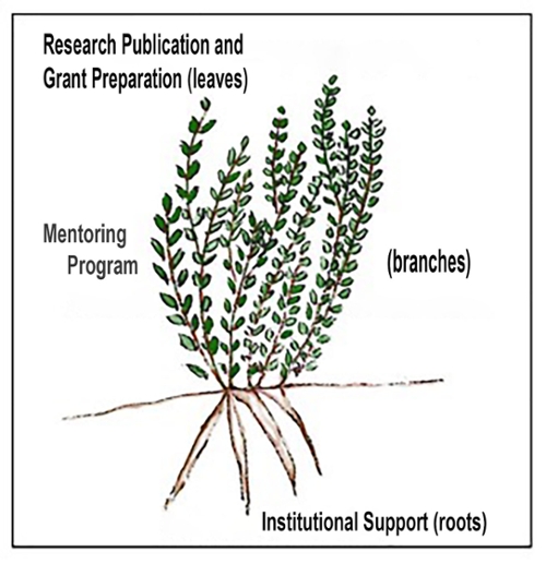 Illustration depicting a plant structure with leaves labeled "Research Publication and Grant Preparation," branches labeled "Mentoring Program," and roots labeled "Institutional Support," symbolizing growth in academic and research environments.