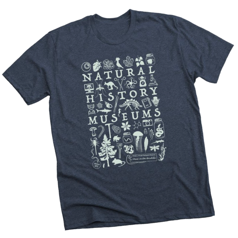 shirt featuring silohettes of animals and the text natural history museums